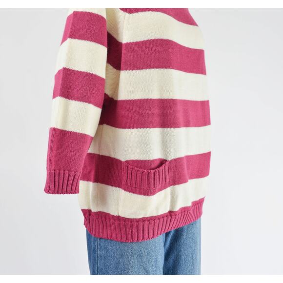 Vintage 80s Striped White Raspberry Acrylic Raglan Sleeve Sweater with Pocket - Picture 4 of 8